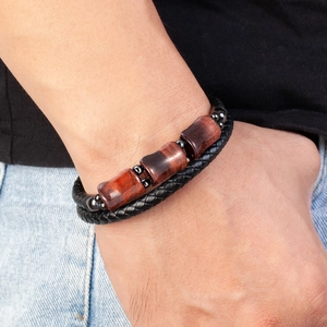 Men's Red Tiger Eye braided leather bracelet with black magnetic clasp and stone beads
