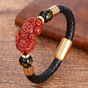 Braided leather bracelet with red Pixiu stone and gold mantra beads for men