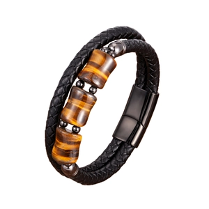 Men's double-layered black woven leather bracelet with tiger eye stone and magnetic clasp