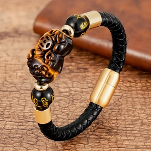Retro Braided Leather Bracelet For Men Lucky Pixiu Stone Charm Stainless Steel Magnetic Clasp Ethnic Feng Shui Bracelet Jewelry