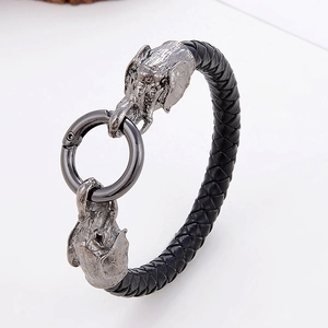 Men's vintage black woven leather bracelet featuring retro silver elephant head charms