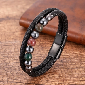 Men's double-layered braided leather bracelet with natural stone beads and magnetic clasp