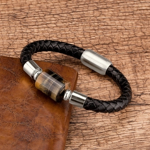 Unisex braided leather bracelet with silver stainless steel clasp and tiger eye stone