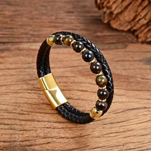Men's double-layer black braided leather bracelet with tiger eye beads and gold magnetic clasp