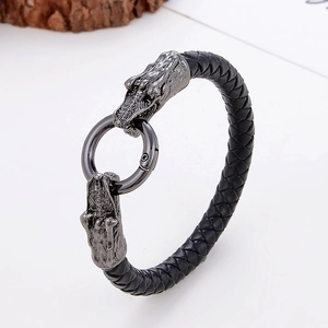 Men Braided Leather Bracelet With Antique Silver Alloy Dragon Snake Elephant Head Clasp Retro Punk Gothic Jewelry Hand Chain