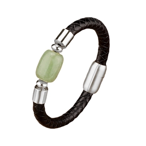Retro woven black leather bracelet with green stone and stainless steel magnetic clasp