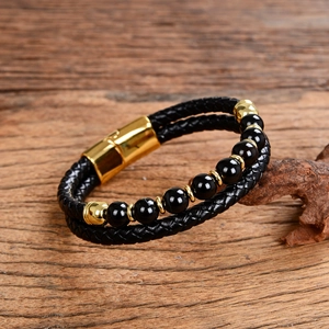 Double-layer black braided leather bracelet with 8mm stone beads and gold magnetic clasp