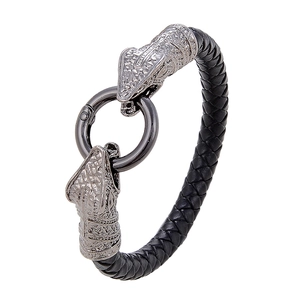Men's punk braided leather bracelet featuring vintage silver snake head charms and ring clasp
