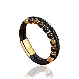 Men's 8mm tiger eye stone beads and black braided leather double layer bracelet with gold clasp