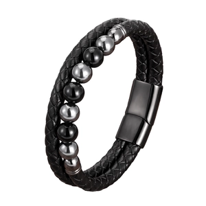 Men's double-layered braided black leather bracelet with silver and black metallic beads