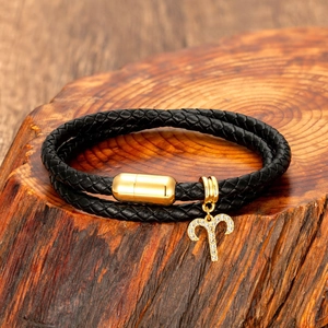 Bracciale Ariete in pelle intrecciata con chiusura magnetica dorata e ciondolo zircone