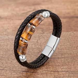 Men's multilayer braided leather bracelet featuring tiger eye stones and magnetic steel clasp