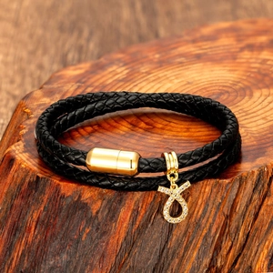Bracciale creativo in pelle nera con ciondolo zodiacale dorato e chiusura magnetica