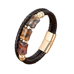 Men's multi-layer braided leather bracelet with tiger eye stones and magnetic gold clasp
