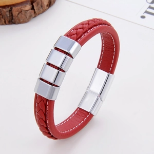 Vintage Braided Leather Bracelet With Metal Magnetic Clasp Trendy Geometric Leather Bangle Jewelry Gift For Unisex