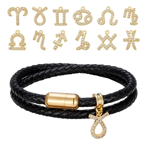 Bracciale doppio in pelle nera intrecciata con chiusura magnetica dorata e zodiaco