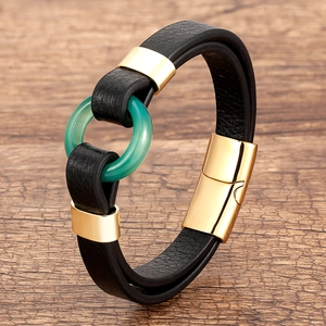 Men's double-layer black braided leather bracelet with magnetic clasp and green ring charm