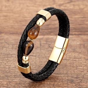Bracciale da uomo in pelle nera a doppio strato con pietre occhio di tigre e chiusura d'oro