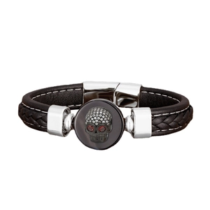 Men's punk skull bracelet with braided dark brown leather and red gem eyes decoration