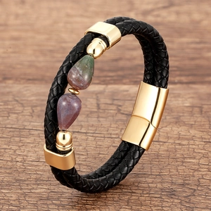 Bracciale da uomo a doppio strato in pelle nera intrecciata con chiusura dorata e pietre