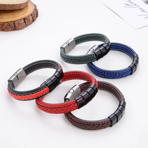 Braided leather bracelets set with magnetic metal clasps in five different colors