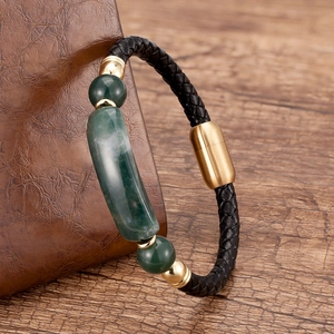 Woven Leather Bracelet Natural Stone Stainless Steel Magnetic Clasp Vintage Punk Wristband Unisex Casual Daily Jewelry