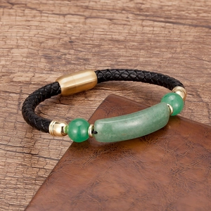 Men's braided black leather bracelet with green natural stone and gold magnetic clasp