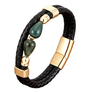 Bracciale a doppio strato in pelle nera intrecciata con chiusura dorata e pietre