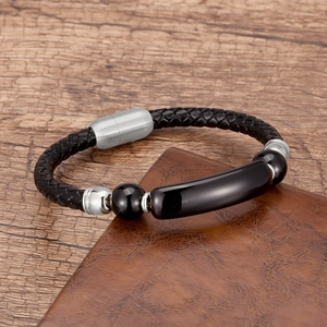 Classic men's braided leather bracelet with silver magnetic clasp and black stone beads