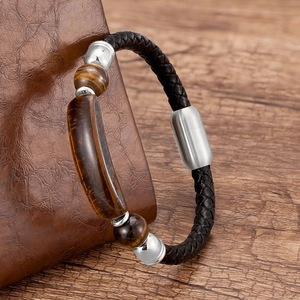 Men's braided leather bracelet with natural tiger eye stone and magnetic clasp