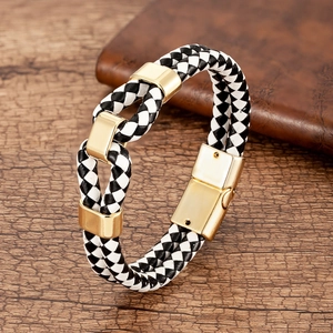 Handmade woven leather bracelet with checkered pattern and gold metallic clasp for men