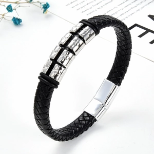 Classic braided black leather bracelet with silver skull metal beads and magnetic clasp