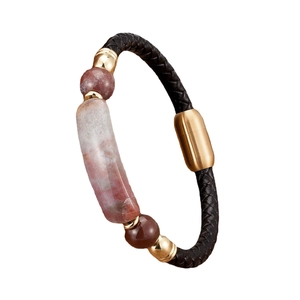Braided black leather bracelet with natural stone cylinder and golden magnetic clasp