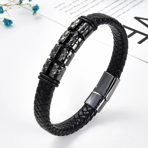 Classic braided black leather bracelet with punk style metal sliders and magnetic clasp