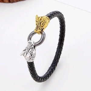 Bracciale Vintage in Pelle Intrecciata per Uomo Punk Lupo Testa di Drago Chiusura in Lega Cinturino Animale Retro Gioielli Moda Regalo