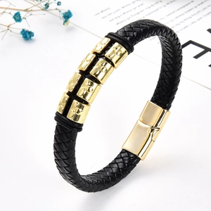 Classic men's black braided leather bracelet featuring six polished gold metal accents