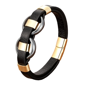 Bracelet pour homme en cuir tressé noir double couche avec anneaux dorés et métal poli