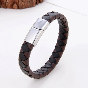 Heren Vintage Gevlochten Leren Armband Roestvrijstalen Magnetische Sluiting Casual Gevlochten Polsband Dagelijkse Sieraden