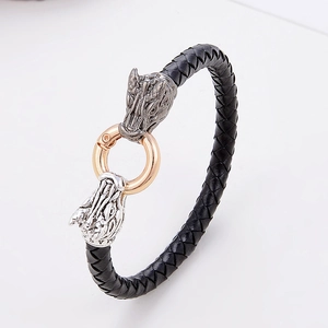 Bracciale rétro in pelle intrecciata con teste di animali argentate e anello oro rosa