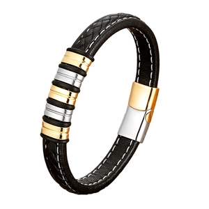 Men's braided leather bracelet with gold and silver magnetic clasp and metal rings