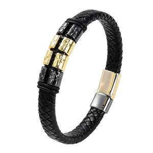 Classic braided black leather bracelet with gold and silver metal sliders and magnetic clasp