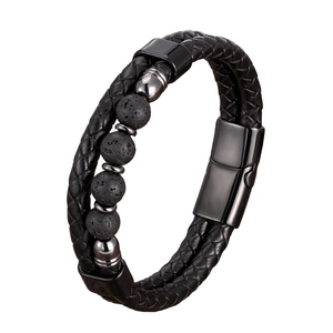 Bracciale doppio in pelle nera intrecciata con perle laviche e chiusura magnetica