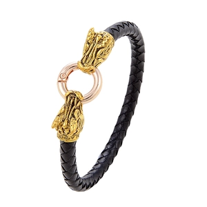Bracciale in pelle intrecciata nera con teste di drago dorate e chiusura a molla rosa