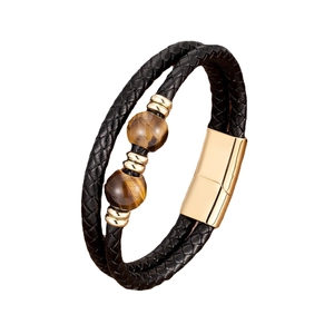 Bracelet double couche en cuir noir pour homme avec perles oeil de tigre et fermoir doré