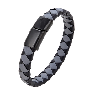Stijlvolle gevlochten leren herenarmband met magnetische sluiting in grijs en zwart