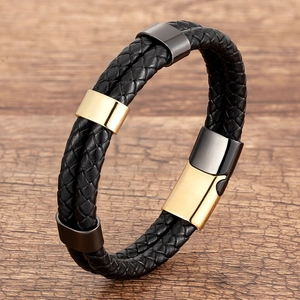Bracelet en Cuir Tressé à la Main pour Hommes avec Fermoir Magnétique en Acier Inoxydable Bracelet Manchette Tressé Double Couche Bijoux Masculins Décontractés