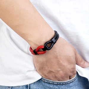 Handmade red and black braided leather bracelet with matte black magnetic metal buckle