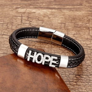 Classic woven black leather bracelet with silver HOPE letter charm and magnetic clasp