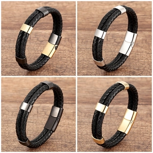 Détails de bracelets en cuir tressé avec fermoirs magnétiques en acier inoxydable en quatre couleurs
