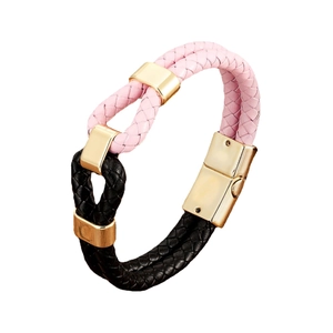 Handmade woven leather bracelet in pink and black with golden magnetic metal clasp